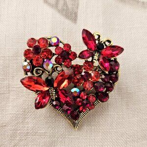 Red Rhinestone Heart & Butterflies Pin